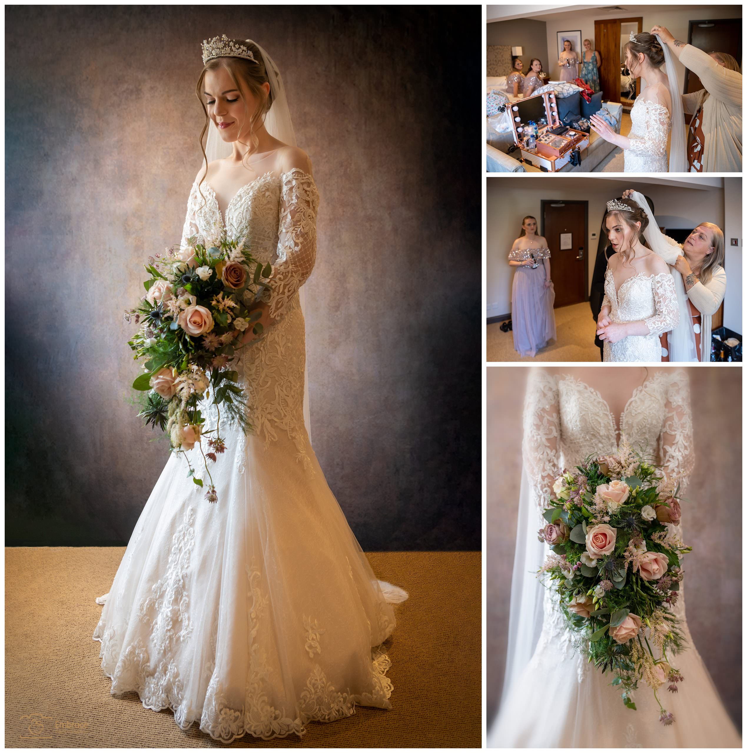 Bride showing off her wedding dress holding a bouquet of roses