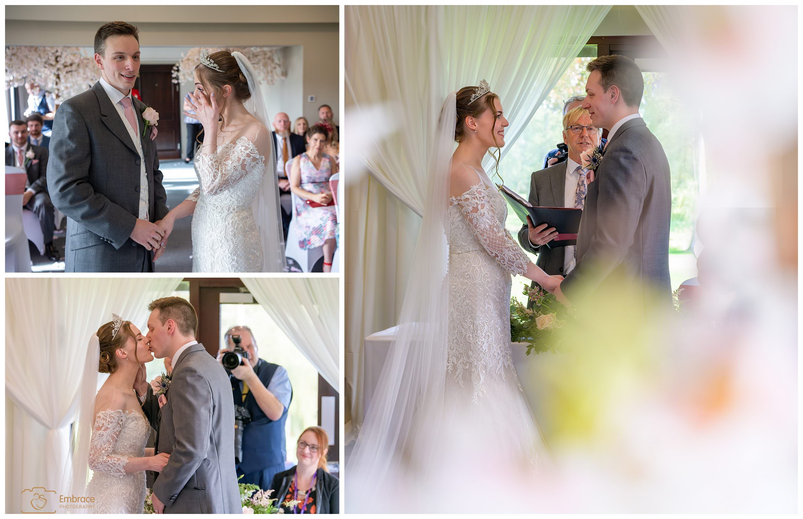 Emotional bride photographed by Embrace Photography at Barnham Broom ceremony room