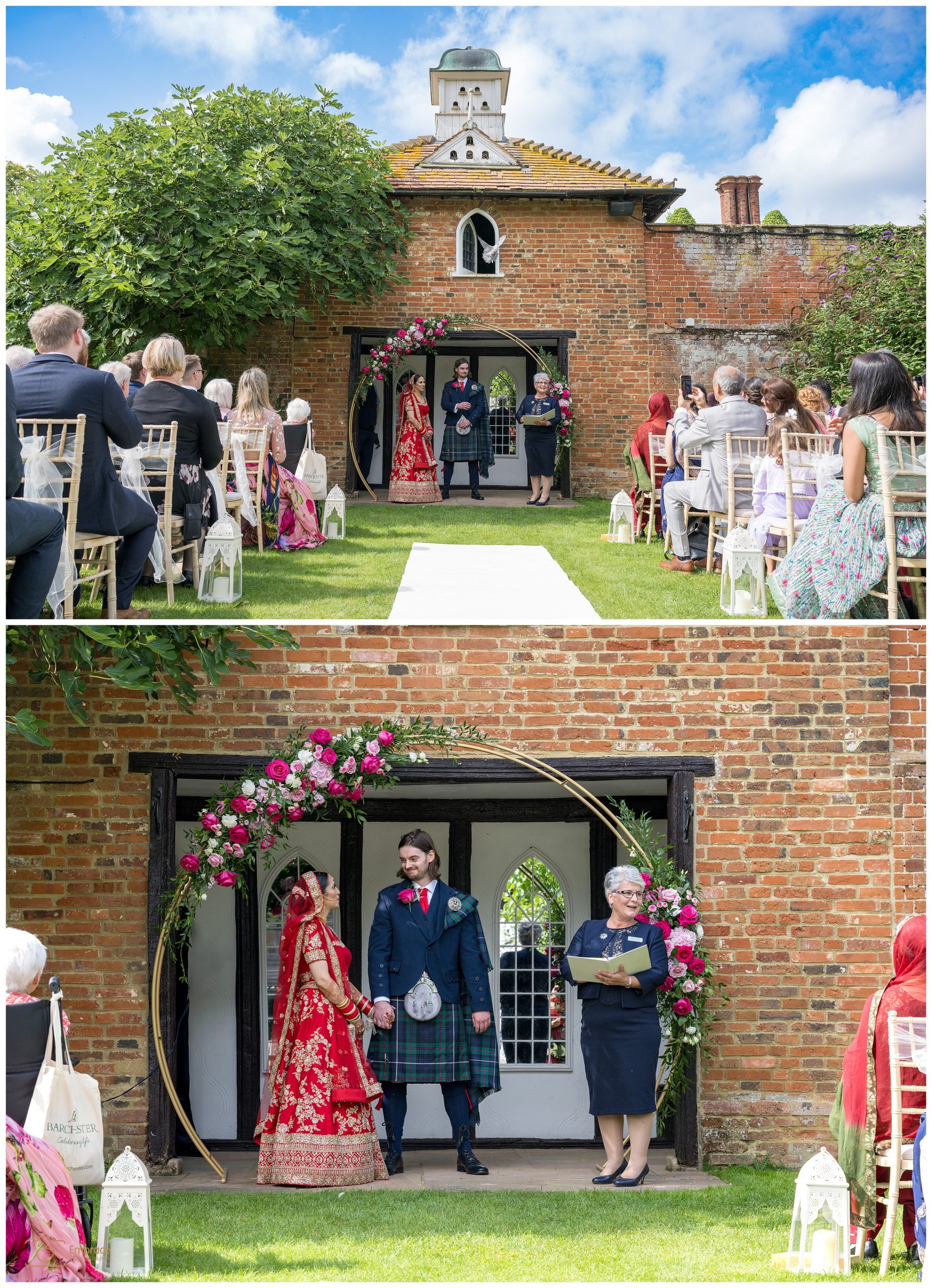 A wedding ceremony taking place between Indian bride and Scottish groom at Woodhall Manor, Suffolk